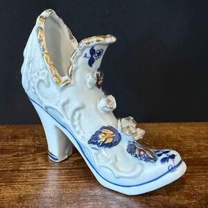Vintage Porcelain Shoe Boot Floral White and Blue